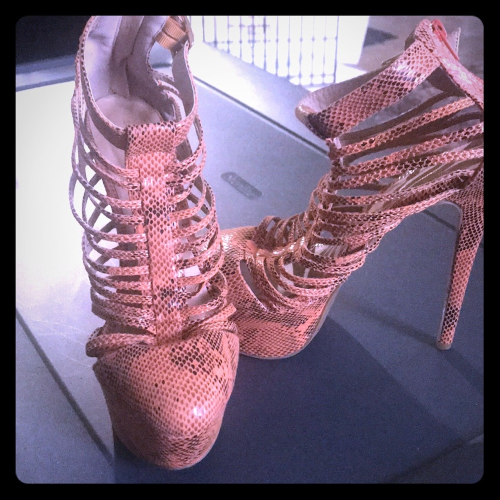 Orange faux snakeskin heels